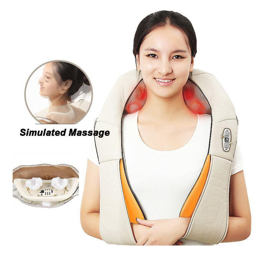A woman has the massager over her shoulders. Next to it are display of inside vibrators and a woman is enjoying massaging